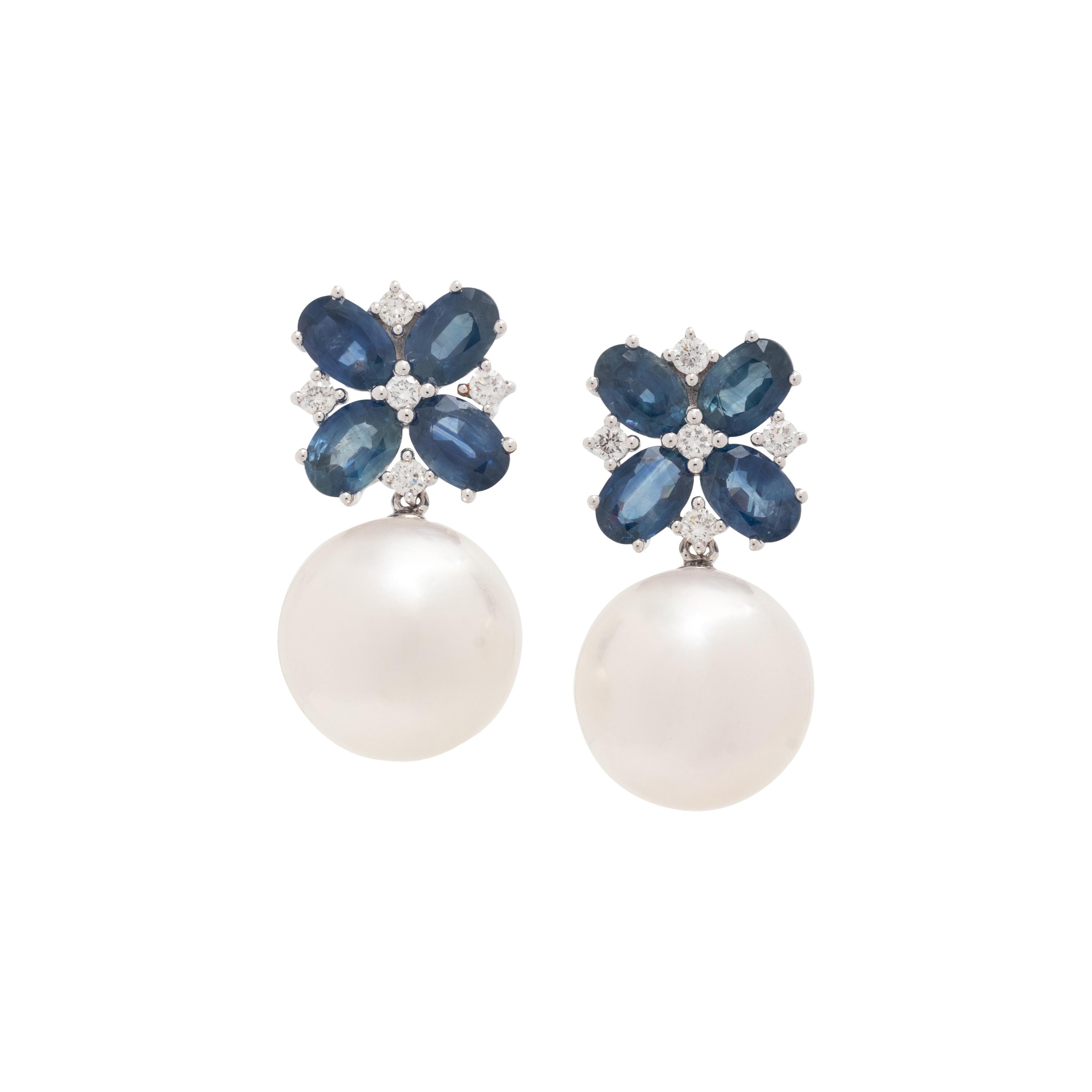 CULTURED SOUTH SEA PEARL, SAPPHIRE AND DIAMOND EARRINGS