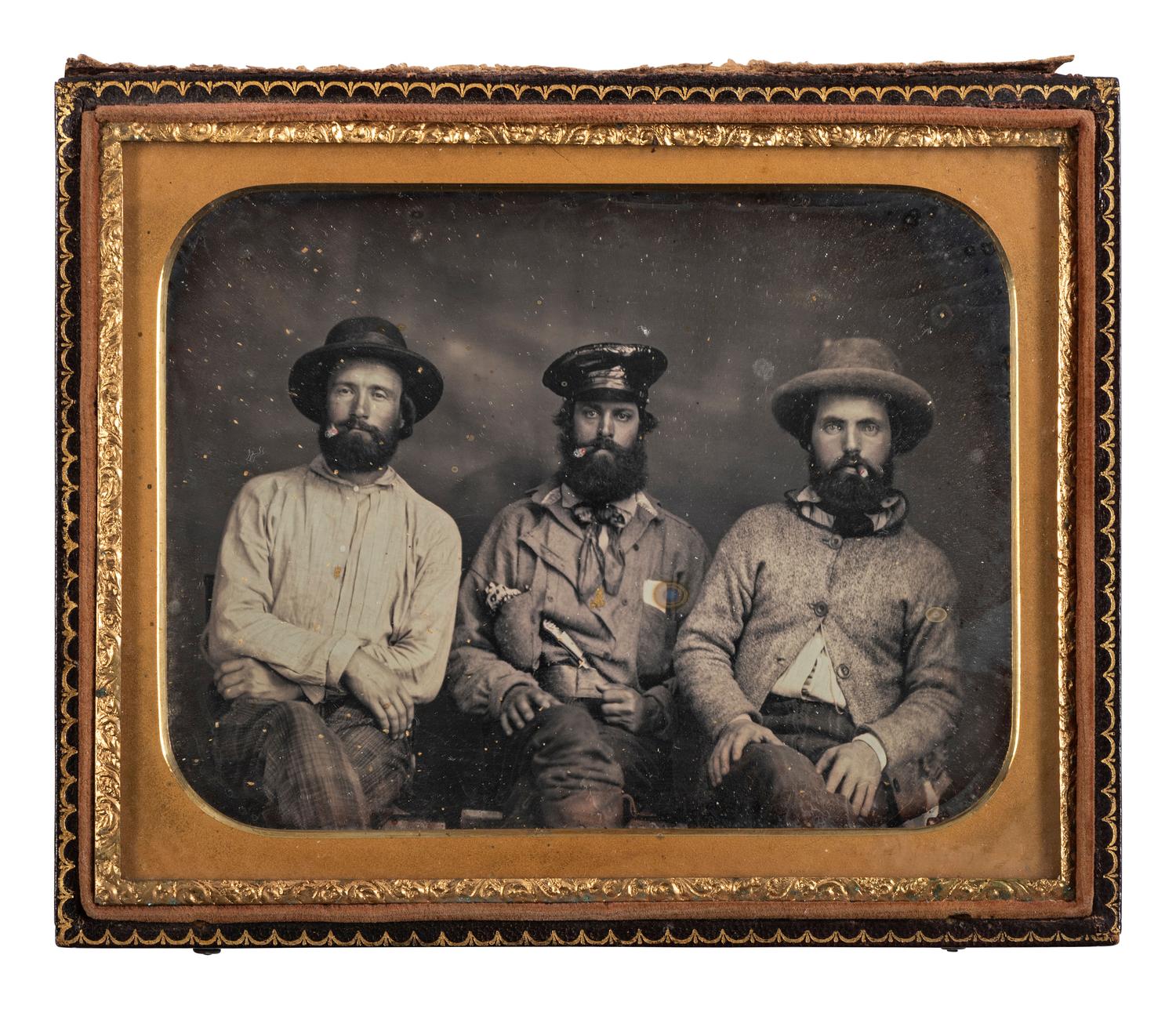 [WESTERN AMERICANA - MINING]. A half plate daguerreotype of three gold miners.