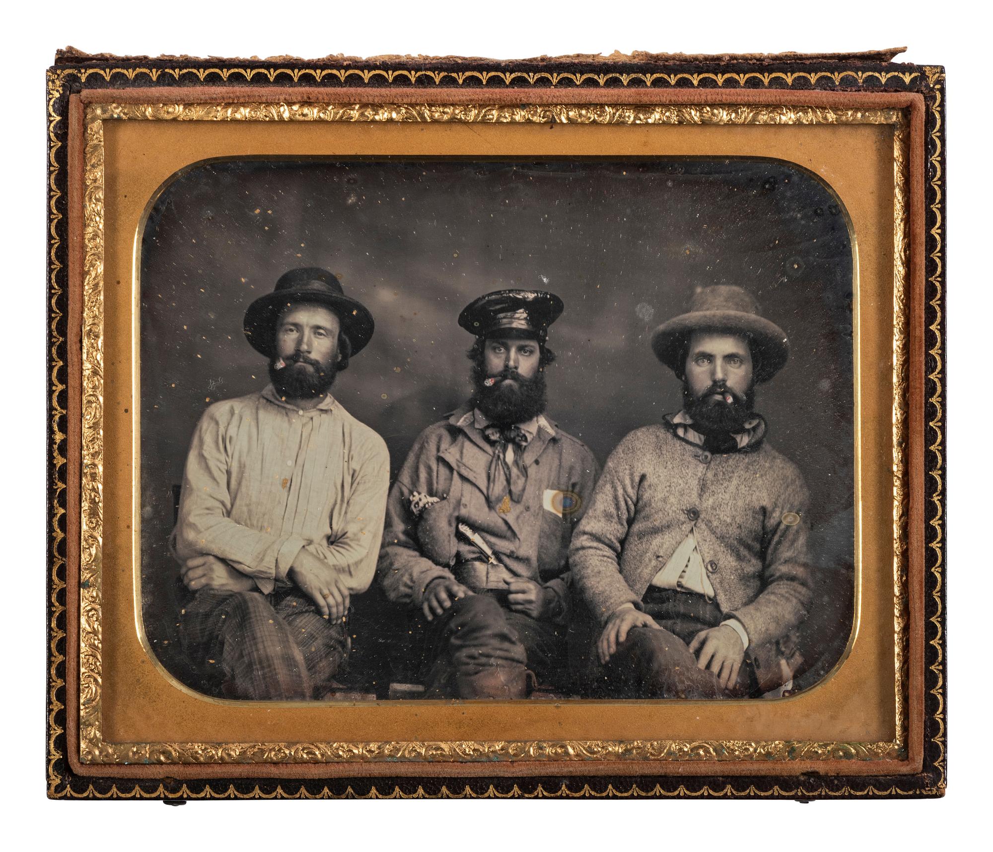 [WESTERN AMERICANA - MINING]. A half plate daguerreotype of three gold miners.