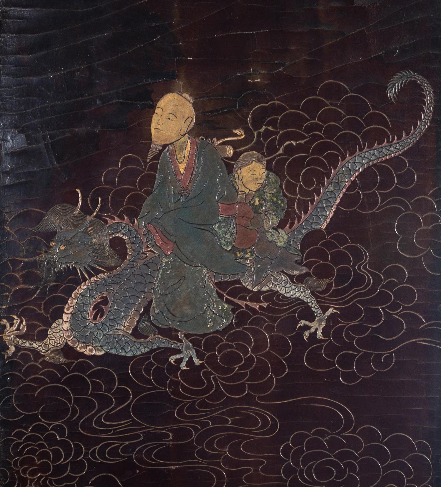 A Chinese Export Black Lacquered Four-Panel Floor Screen