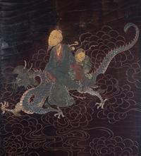 A Chinese Export Black Lacquered Four-Panel Floor Screen