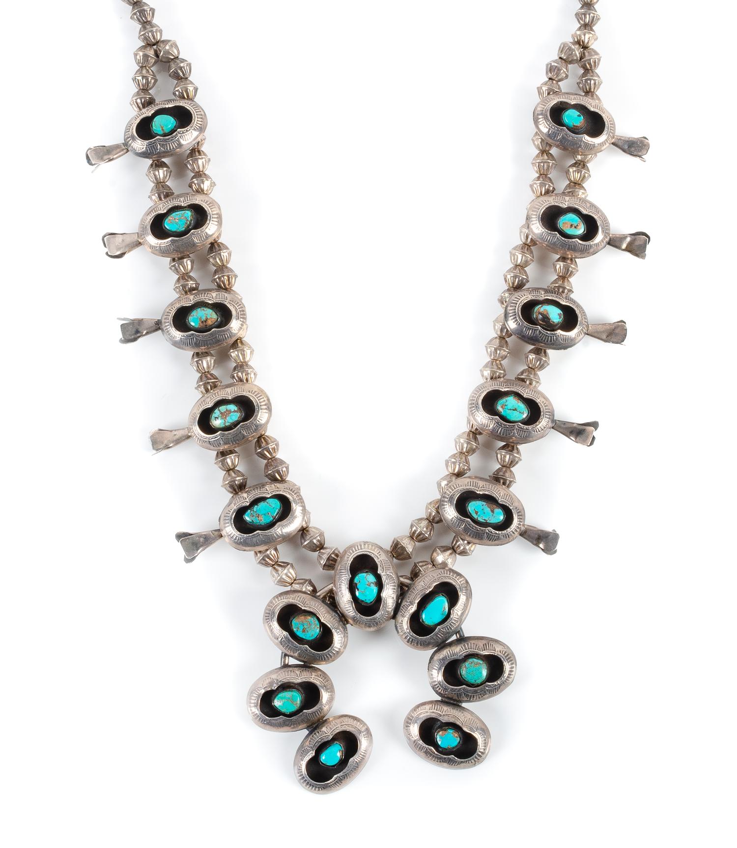 Southwestern Silver and Turquoise Squash Blossom Necklace Length 22 inches