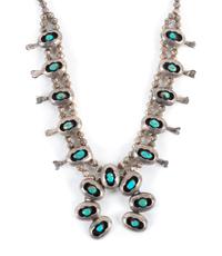 Southwestern Silver and Turquoise Squash Blossom Necklace Length 22 inches
