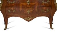 A Louis XV Style Gilt Bronze Mounted Marquetry and Kingwood Marble-Top Bombé Commode