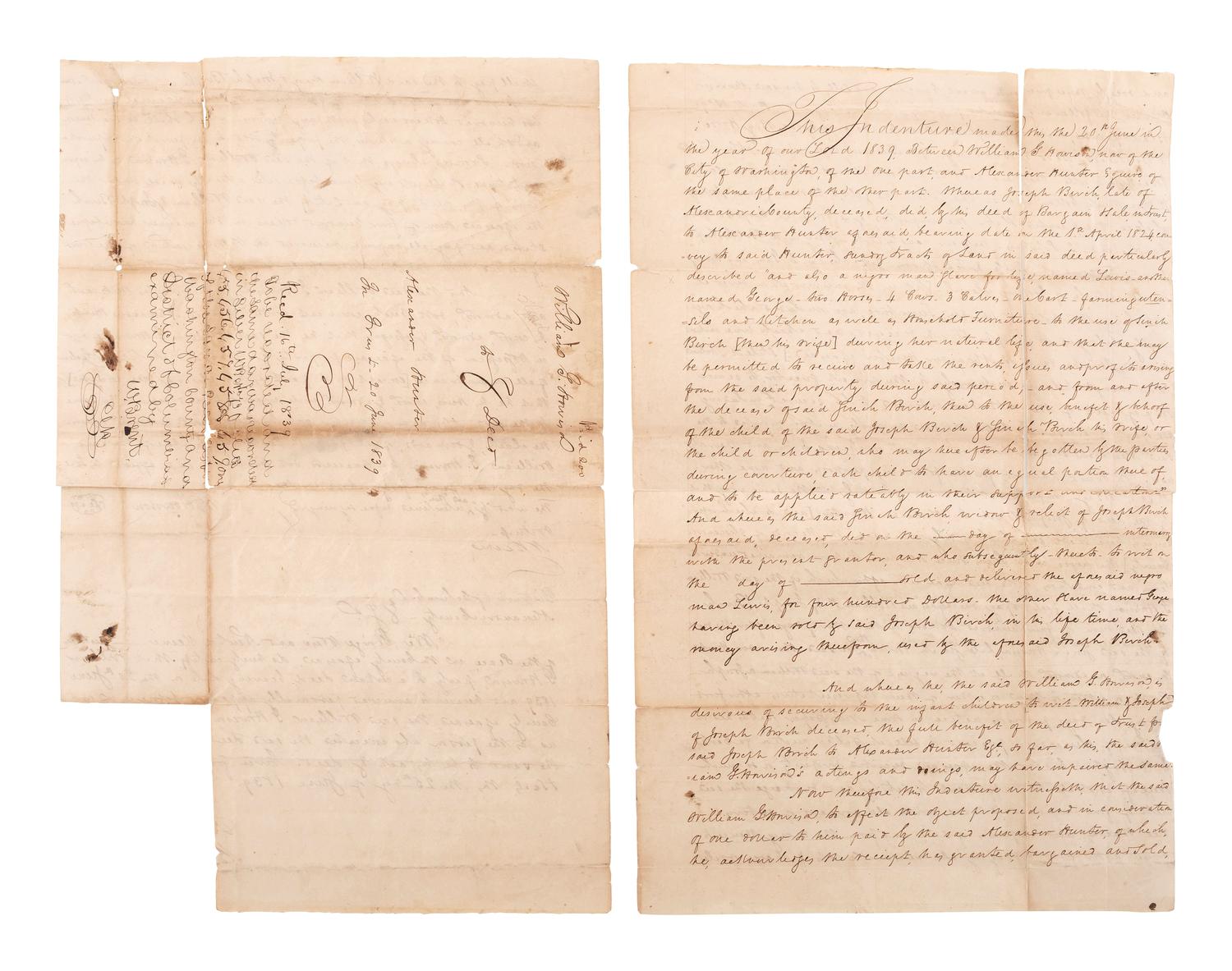 [SLAVERY & ABOLITION]. Manuscript indenture describing the transfer and sale of land, property, and the enslaved men "Lewis" and "George." Alexandria County, District of Columbia, 20 June 1839.