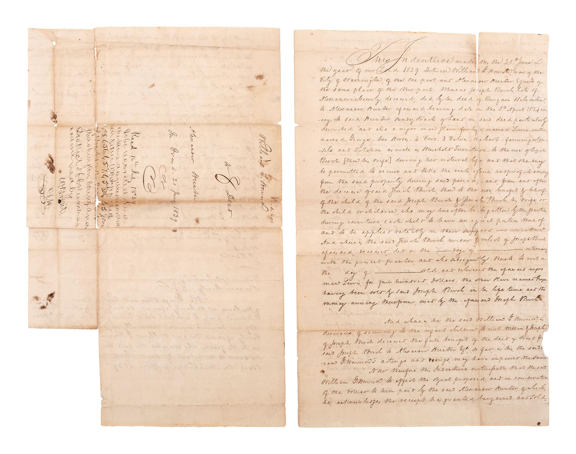[SLAVERY & ABOLITION]. Manuscript indenture describing the transfer and sale of land, property, and the enslaved men "Lewis" and "George." Alexandria County, District of Columbia, 20 June 1839.