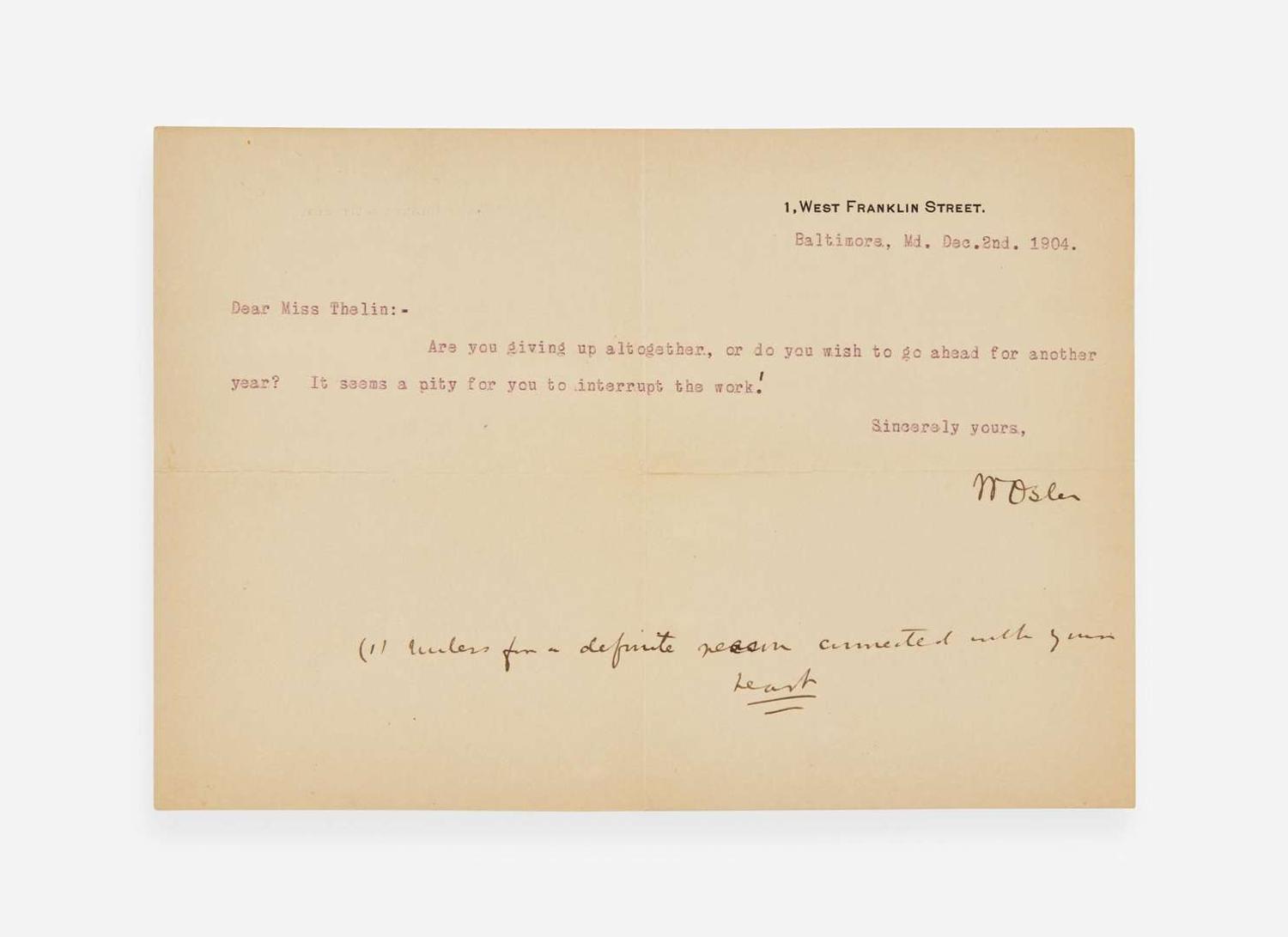 [Science, Medicine & Mathematics] Osler, William: Group of 2 Typed Letters, signed