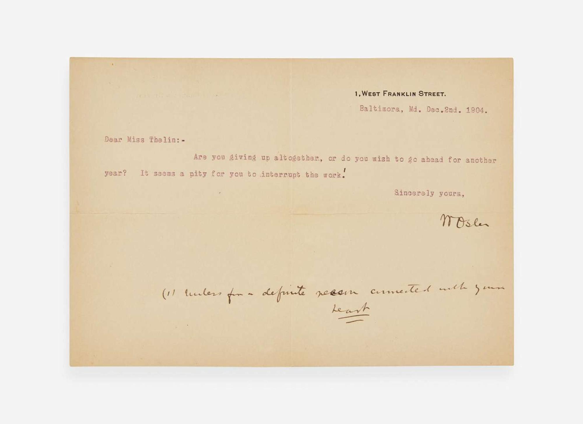 [Science, Medicine & Mathematics] Osler, William: Group of 2 Typed Letters, signed