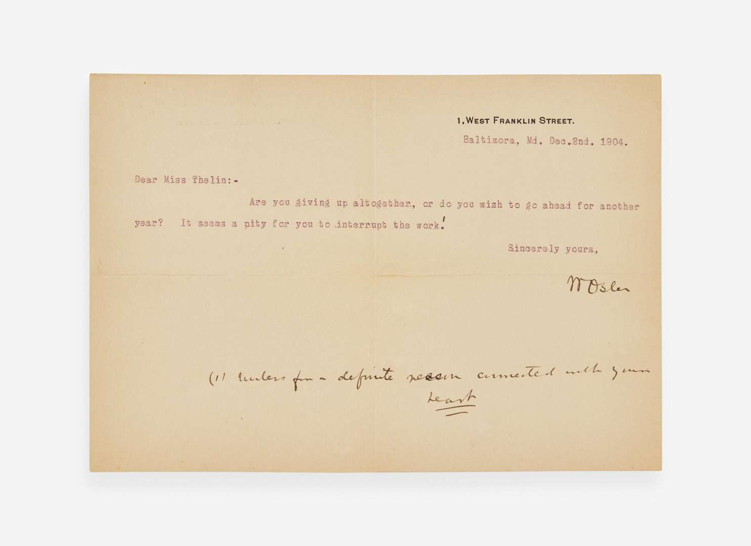 [Science, Medicine & Mathematics] Osler, William: Group of 2 Typed Letters, signed