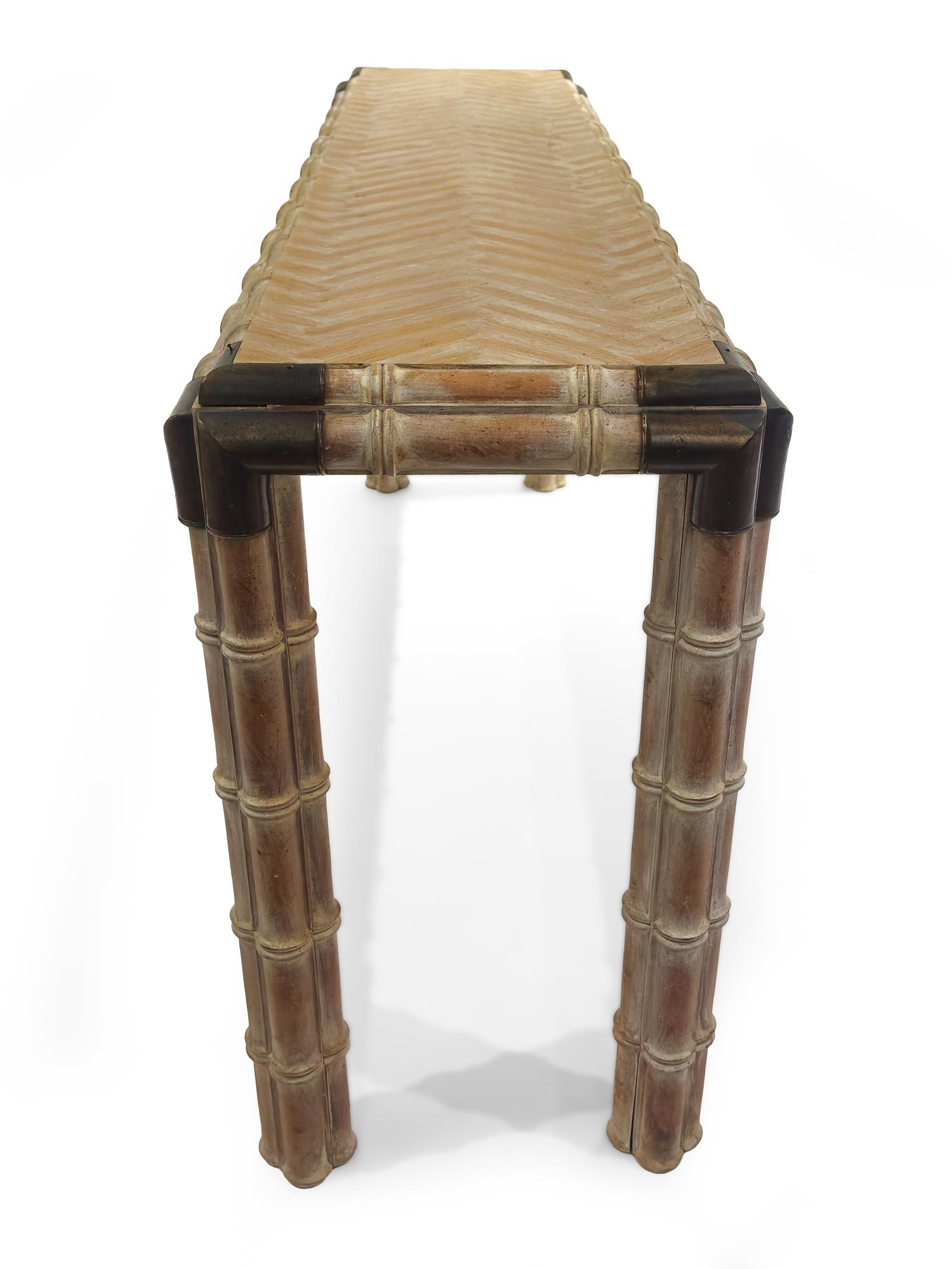 A Brass Mounted Bamboo Carved Console Table and Pair of Stools
