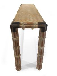 A Brass Mounted Bamboo Carved Console Table and Pair of Stools