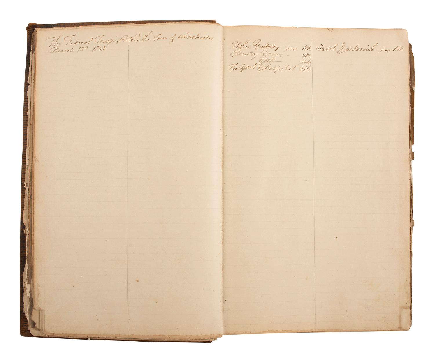 [CIVIL WAR]. Ledger book associated with Winchester, Virginia, cabinet maker John Kerr (1797-1875), documenting coffins built and sold for Union and Confederate soldiers as well as other wartime activity.