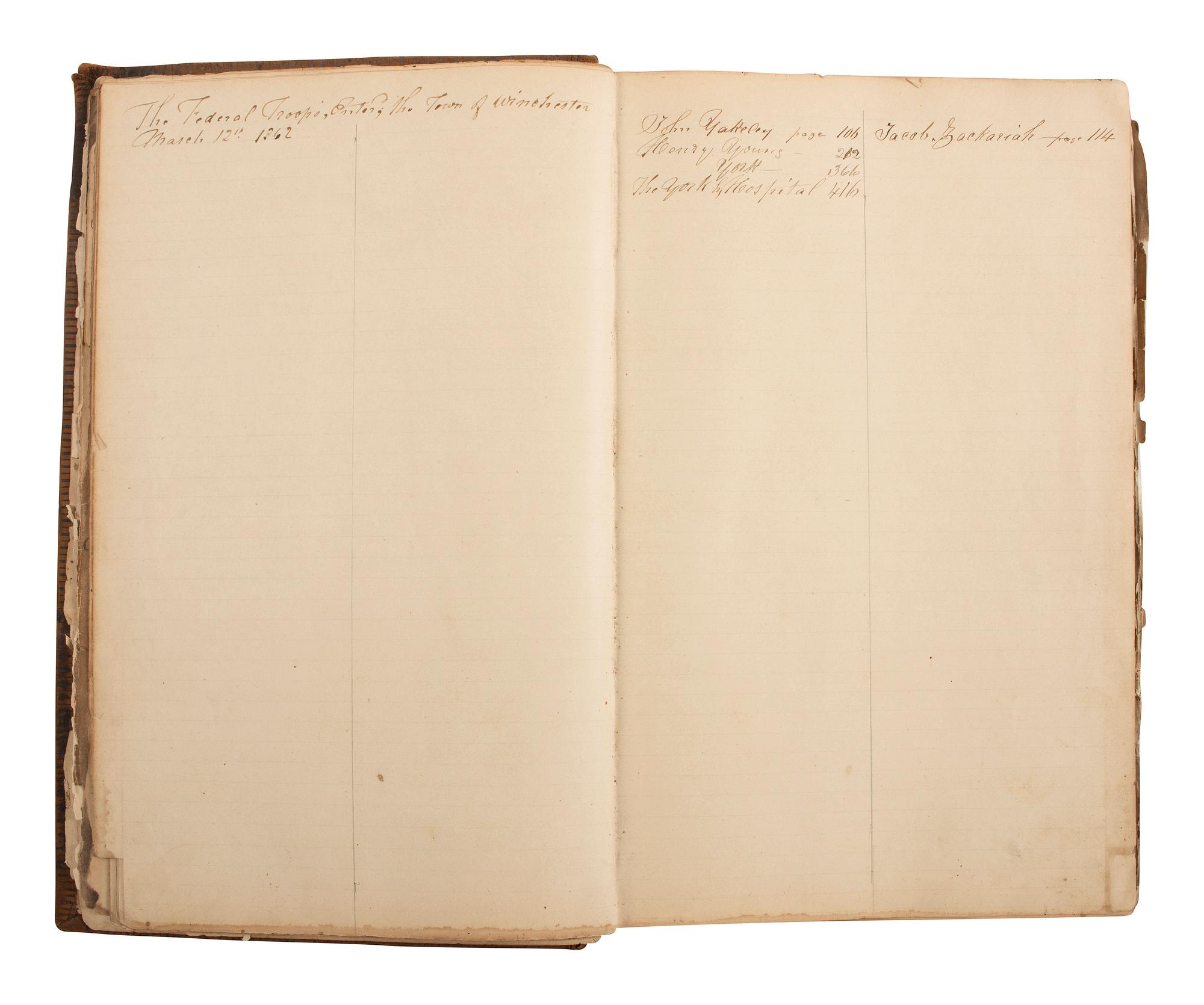 [CIVIL WAR]. Ledger book associated with Winchester, Virginia, cabinet maker John Kerr (1797-1875), documenting coffins built and sold for Union and Confederate soldiers as well as other wartime activity.