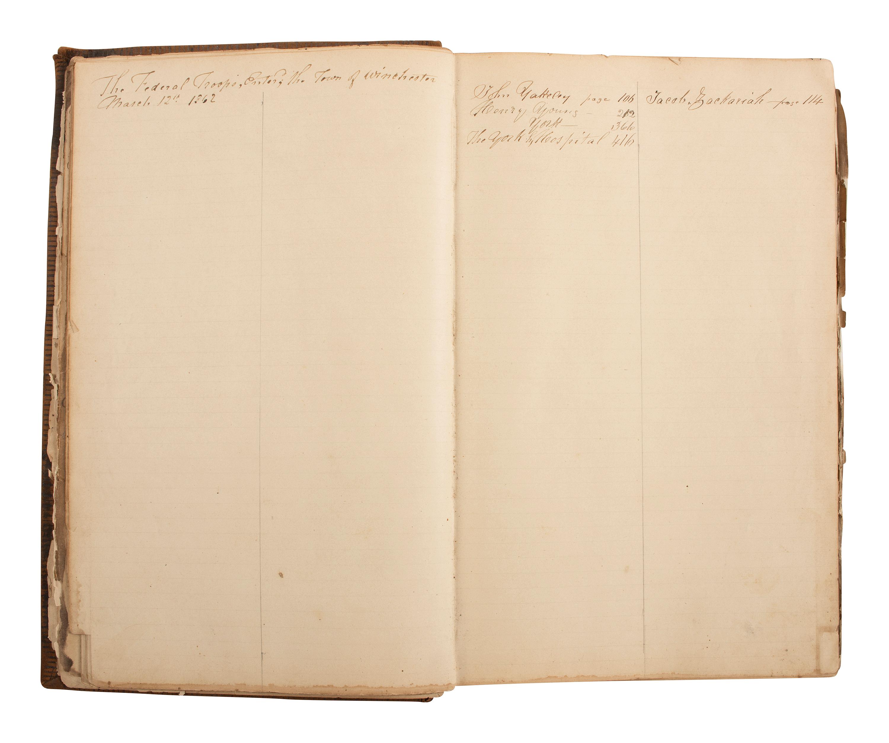 [CIVIL WAR]. Ledger book associated with Winchester, Virginia, cabinet maker John Kerr (1797-1875), documenting coffins built and sold for Union and Confederate soldiers as well as other wartime activity.