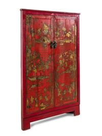 A Chinese Gilt Decorated Red Lacquer Corner Cabinet
