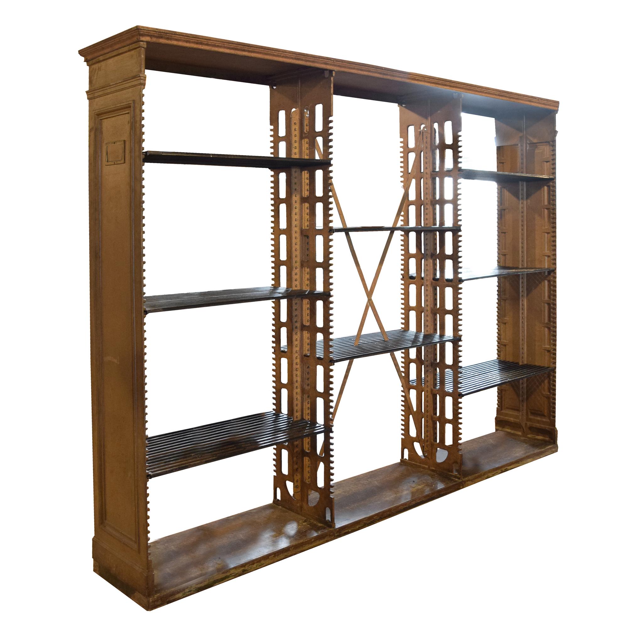 A Cast Iron Library Bookshelf by Snead and Co. 110" W x 19" D x 86" H — United States, Circa 1900