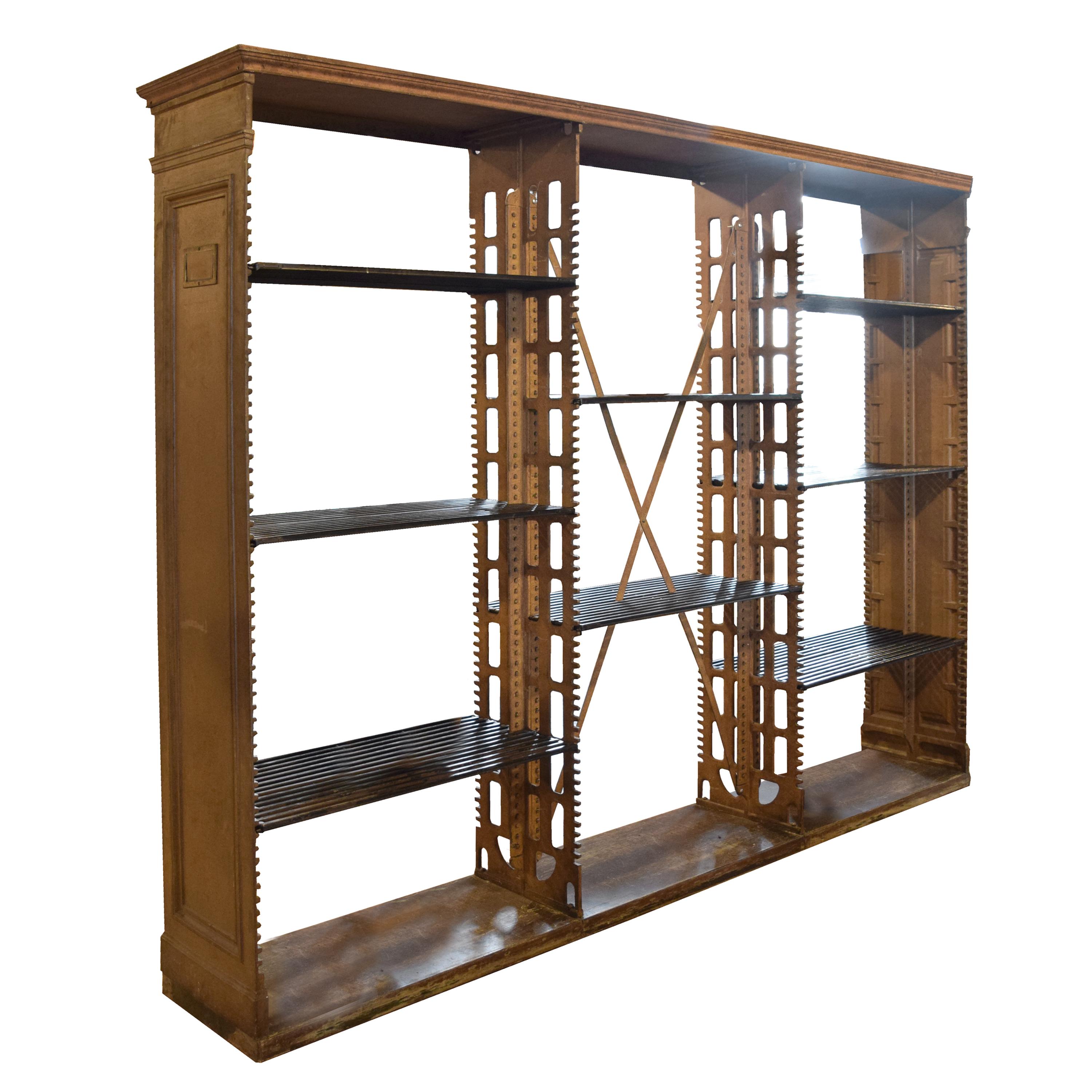 A Cast Iron Library Bookshelf by Snead and Co. 110" W x 19" D x 86" H — United States, Circa 1900
