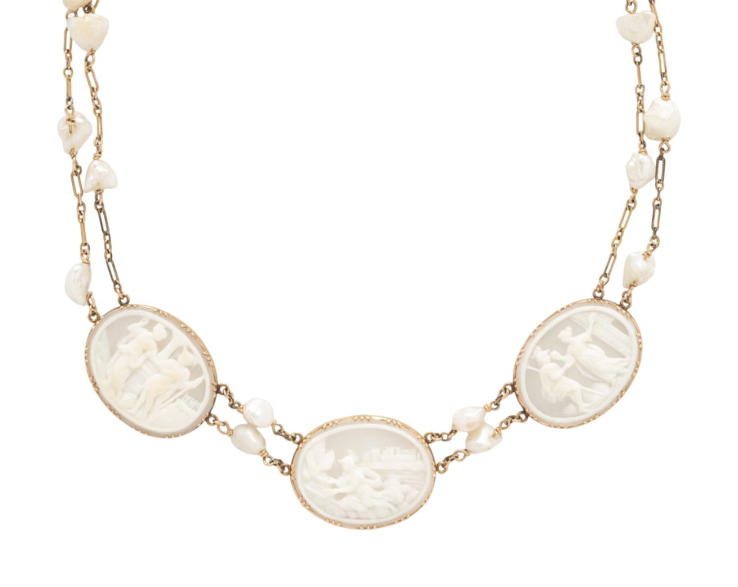 CAMEO, BAROQUE CULTURED PEARL, AND YELLOW GOLD DEMI PARURE