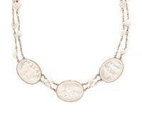 CAMEO, BAROQUE CULTURED PEARL, AND YELLOW GOLD DEMI PARURE