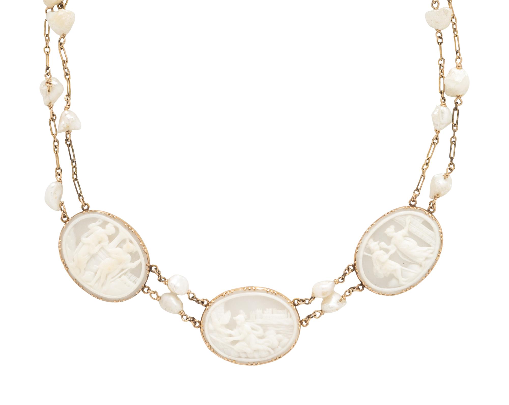 CAMEO, BAROQUE CULTURED PEARL, AND YELLOW GOLD DEMI PARURE