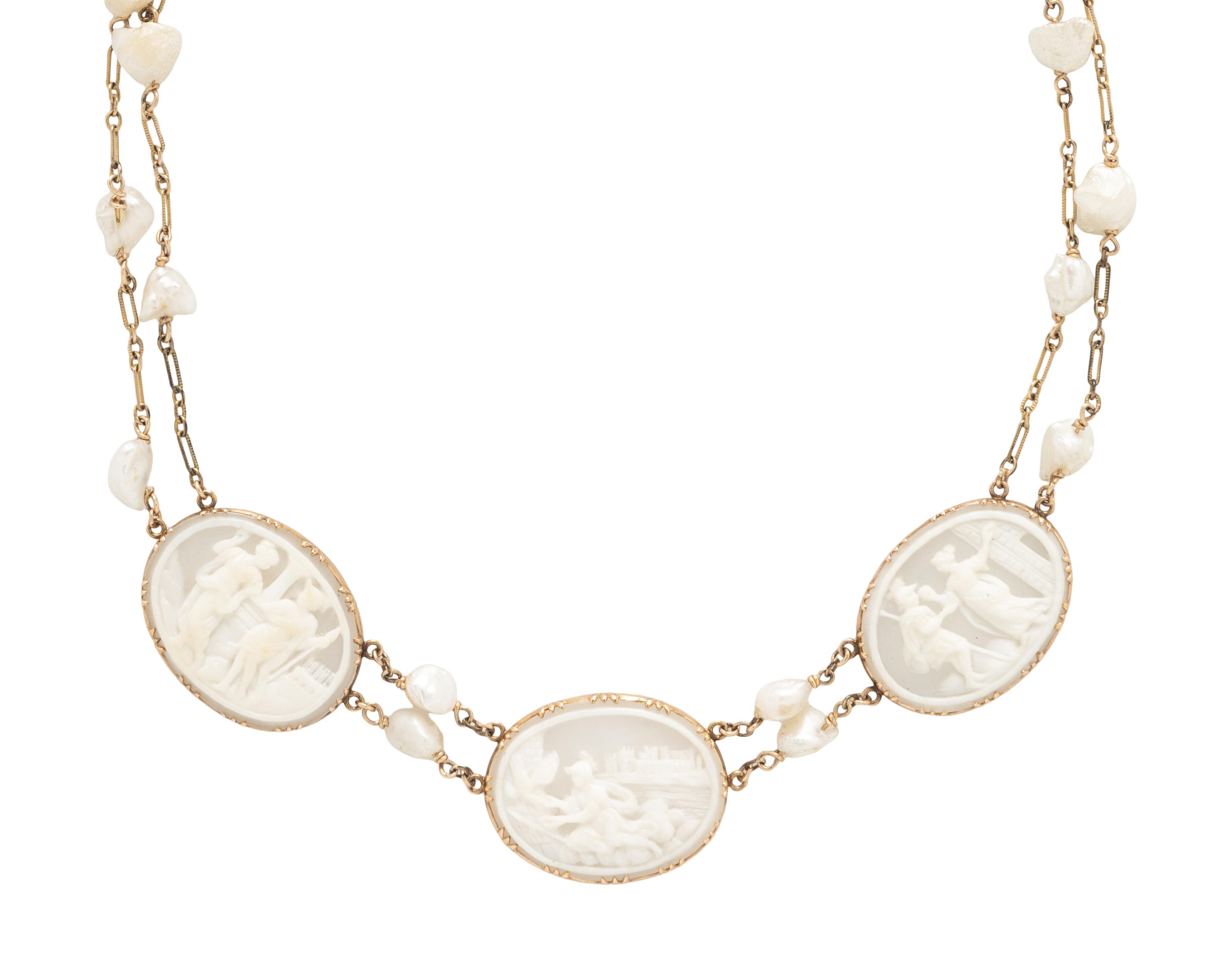CAMEO, BAROQUE CULTURED PEARL, AND YELLOW GOLD DEMI PARURE