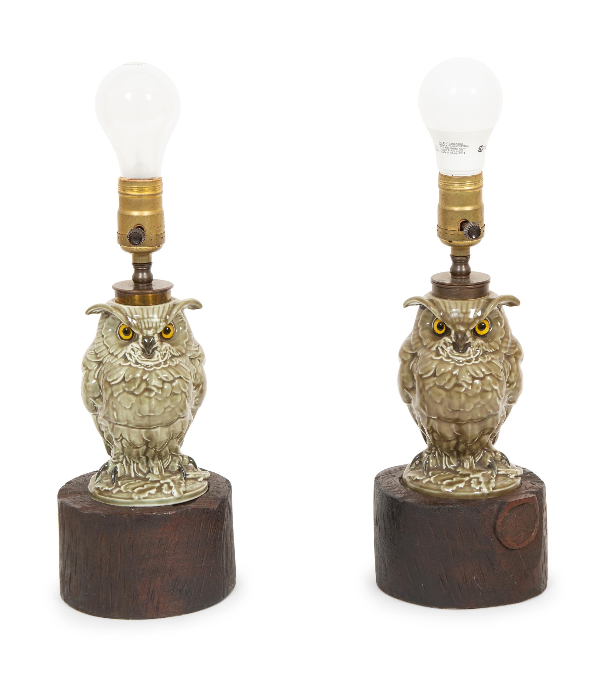 A Pair of Glazed Earthenware Owl Table Lamps