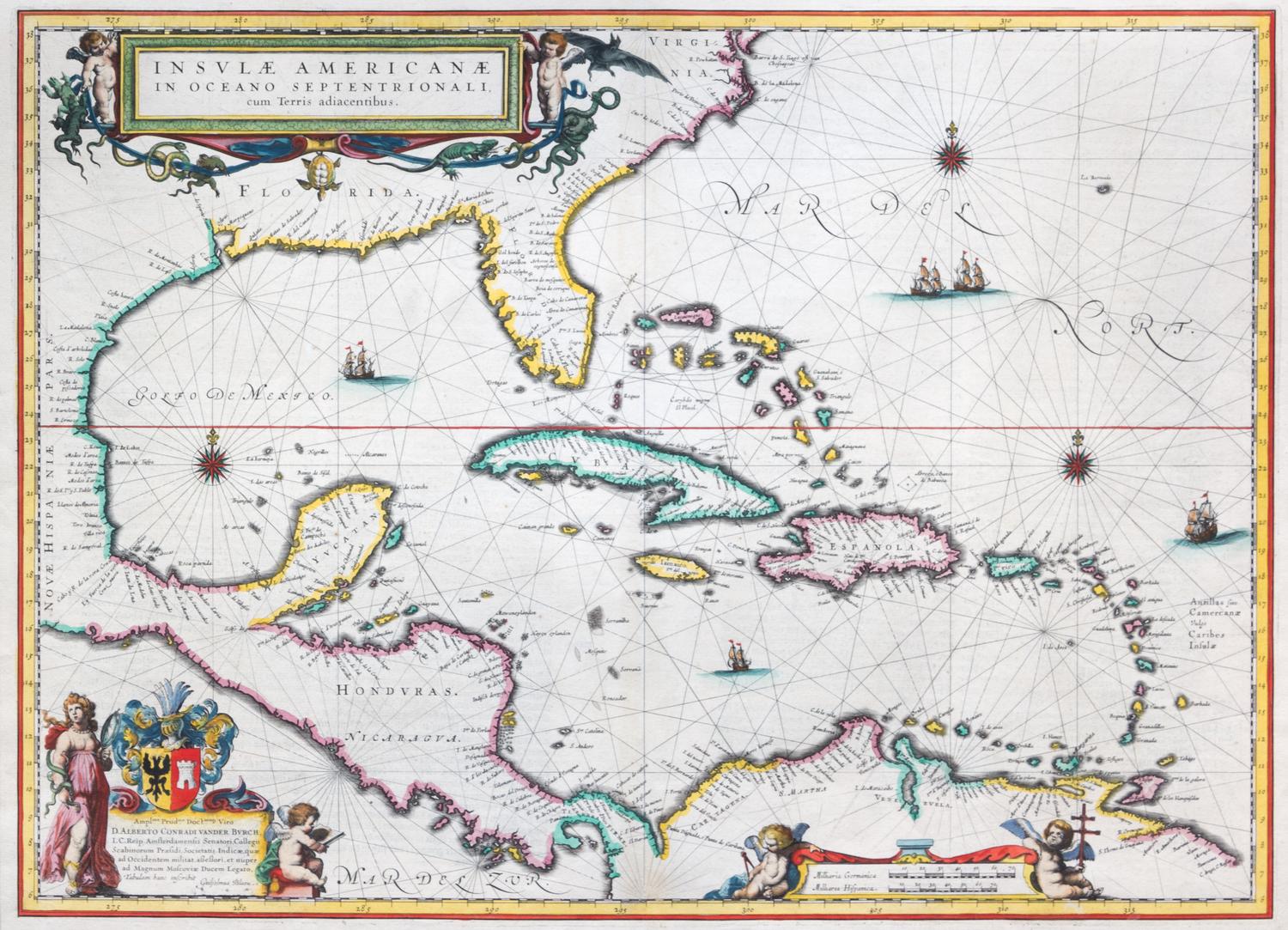 (MAP) BLAEU, WILLEM. Insulae Americanae in Oceano Septentrionali cum Terris Adiacentibus. Amserdam, c. 1636. Engraved map with hand-col