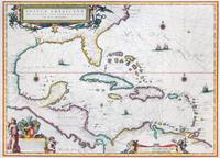 (MAP) BLAEU, WILLEM. Insulae Americanae in Oceano Septentrionali cum Terris Adiacentibus. Amserdam, c. 1636. Engraved map with hand-col