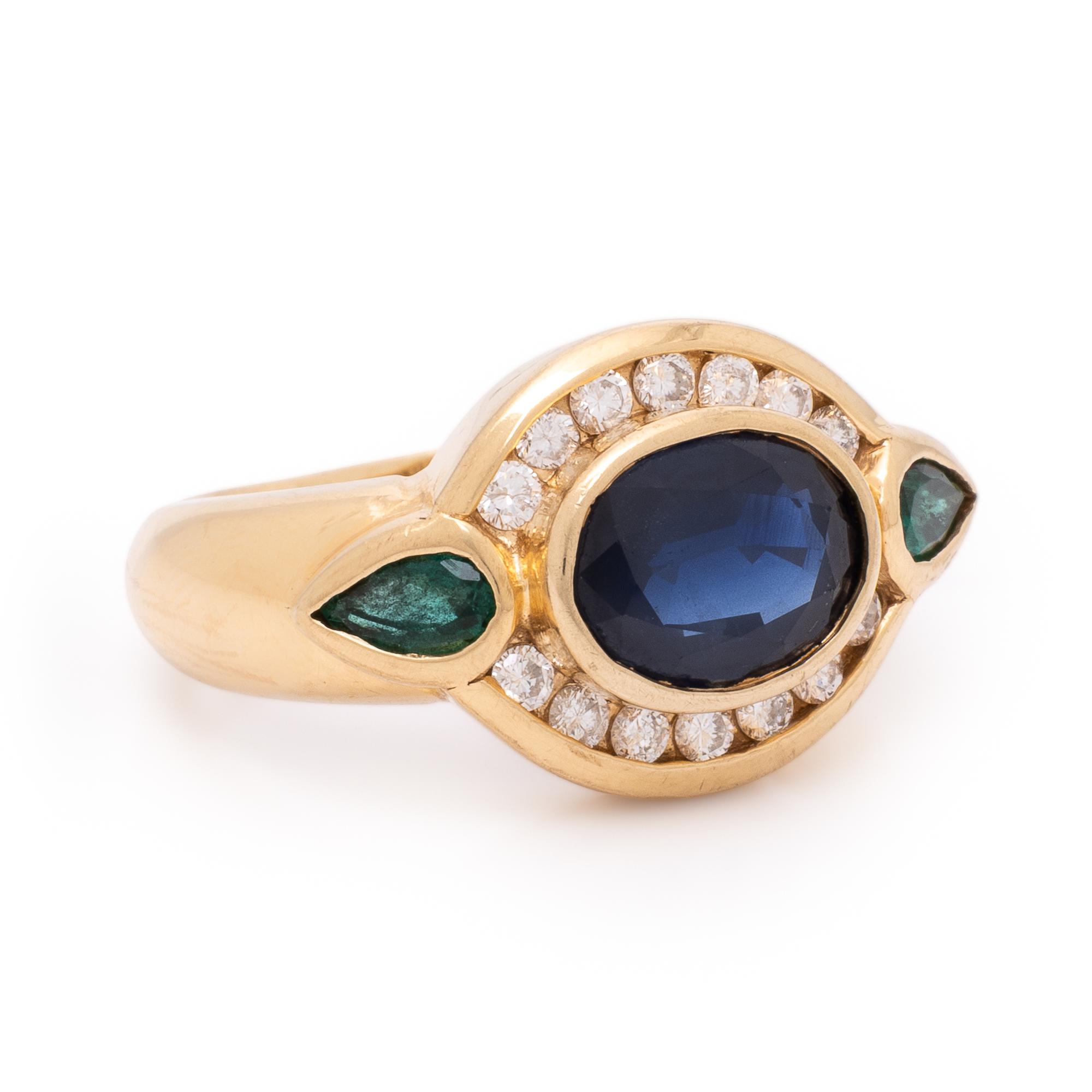 Sapphire, Diamond, Emerald, and Yellow Gold Ring