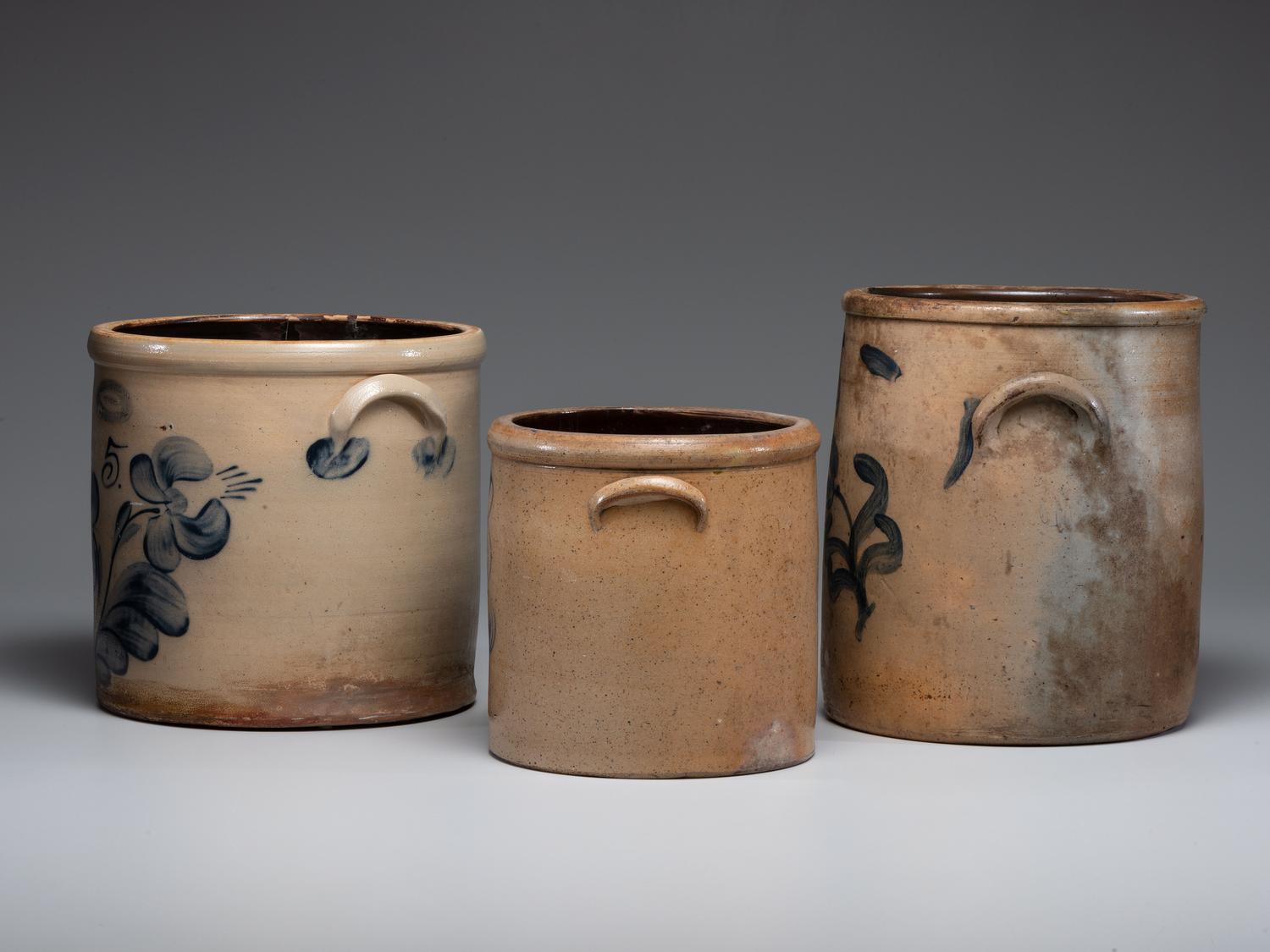 Three Cobalt Decorated Stoneware Crocks