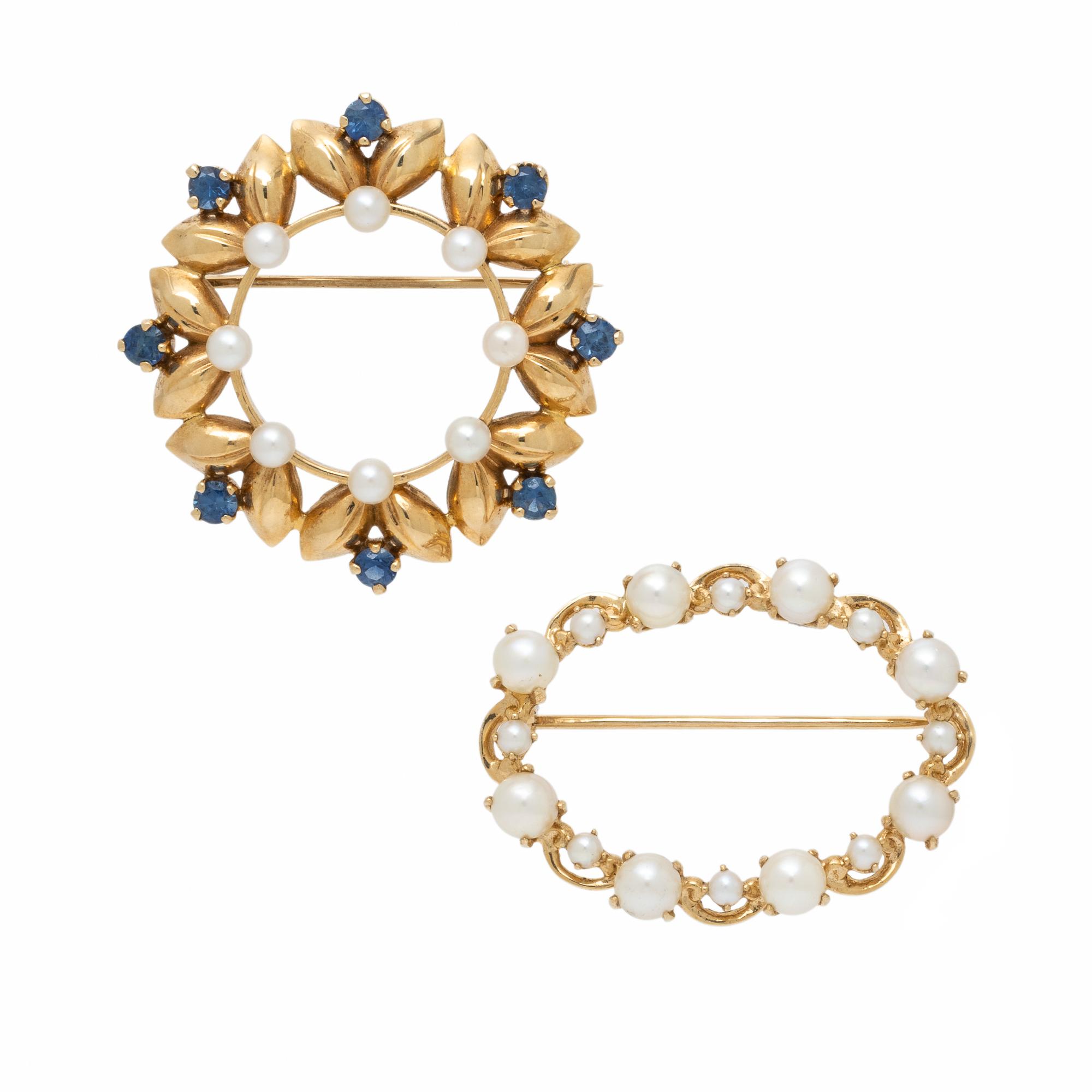 Two Yellow Gold and Cultured Pearl Brooches
