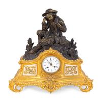 A French Parcel-Gilt, Patinated Bronze and Alabaster Figural Mantel Clock — 19TH CENTURY