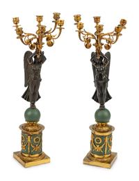 A Pair of Empire Style Gilt and Patinated Bronze and Tôle Six-Light Candelabra