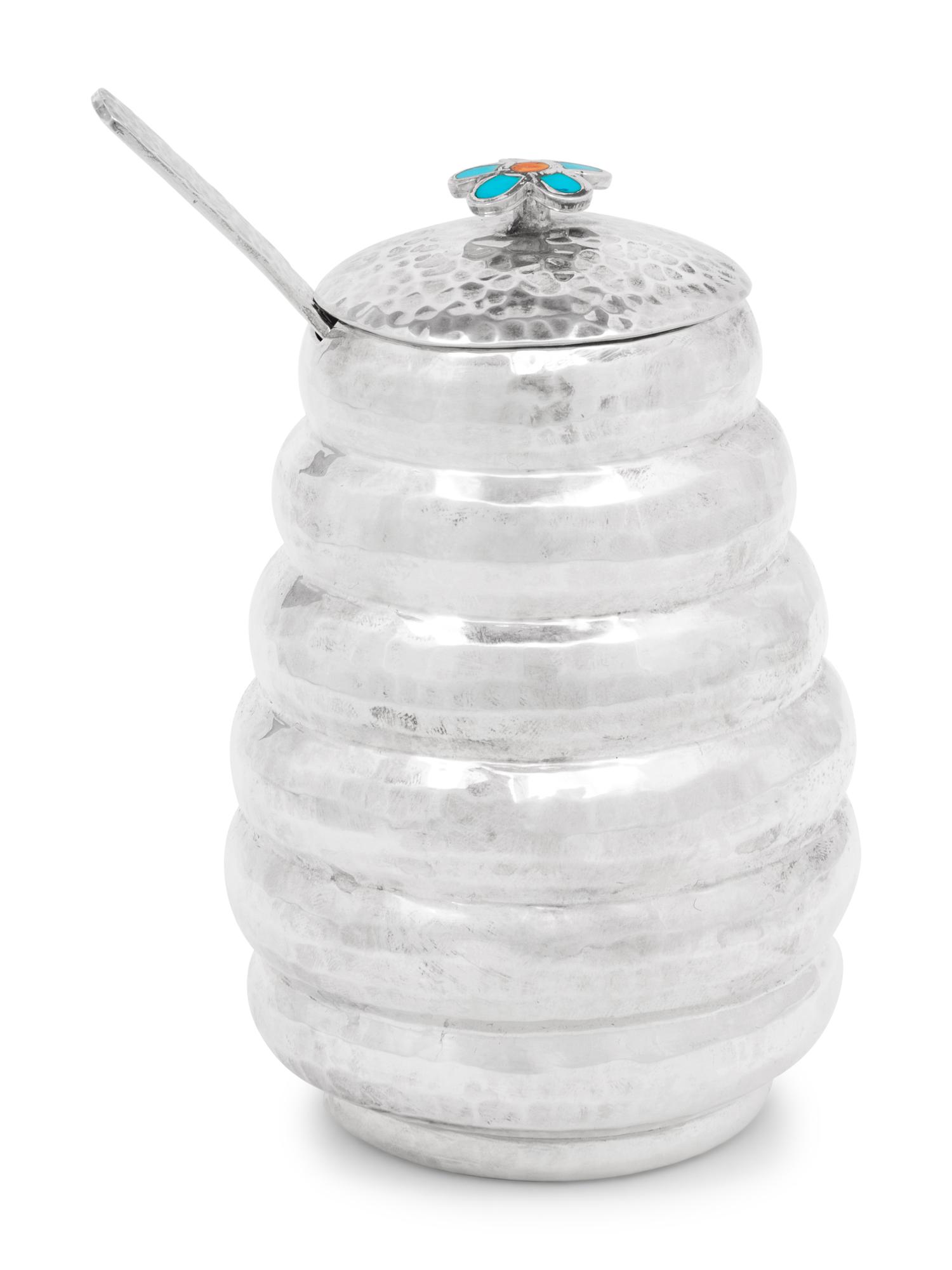 A Mexican Silver, Enamel and Glass Mounted Honey Pot and Dipper