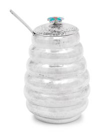 A Mexican Silver, Enamel and Glass Mounted Honey Pot and Dipper