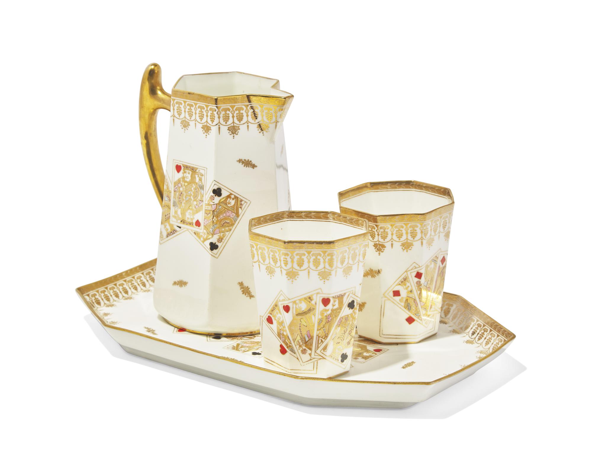A Wedgwood Enamel and Gilt Decorated Porcelain Four-Piece Drink Service