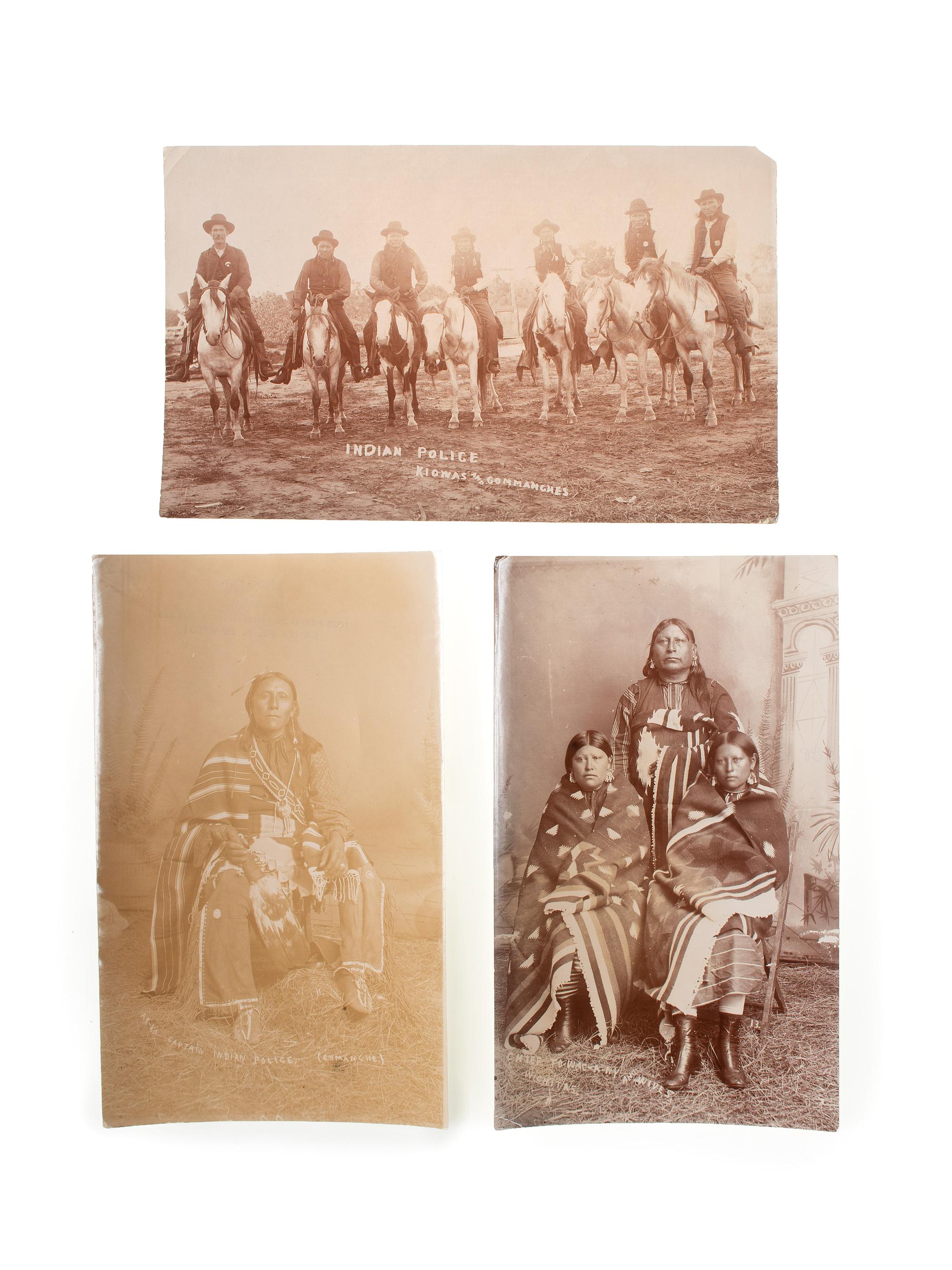 [NATIVE AMERICANS]. [LENNY & SAWYERS, photographers]. A group of 3 unmounted silver gelatin photographs of Kiowa and Comanche Police. Ca 1890s.