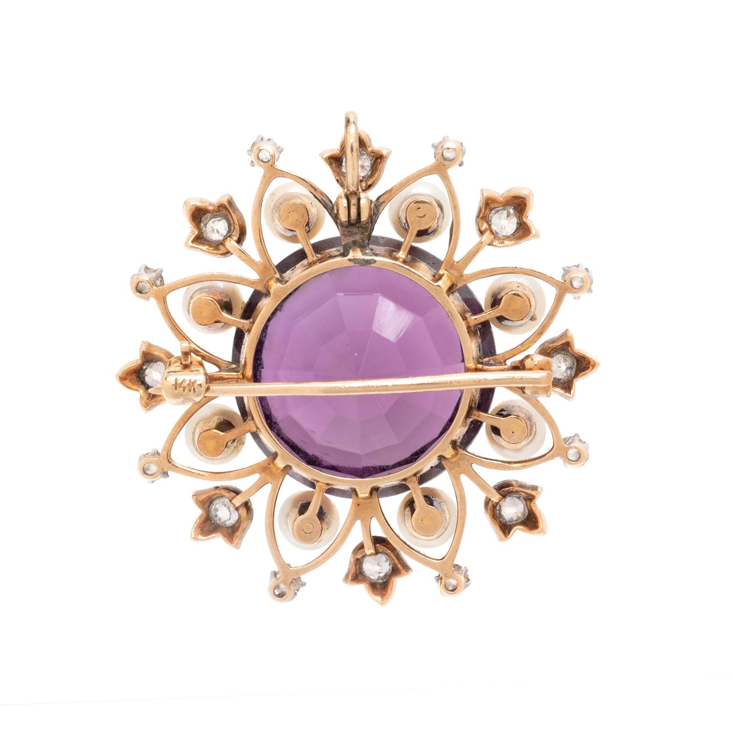 AMETHYST, CULTURED PEARL AND DIAMOND PENDANT/BROOCH