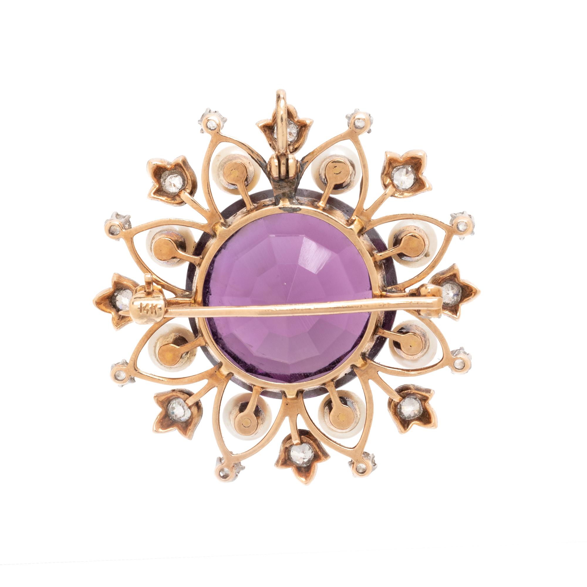 AMETHYST, CULTURED PEARL AND DIAMOND PENDANT/BROOCH