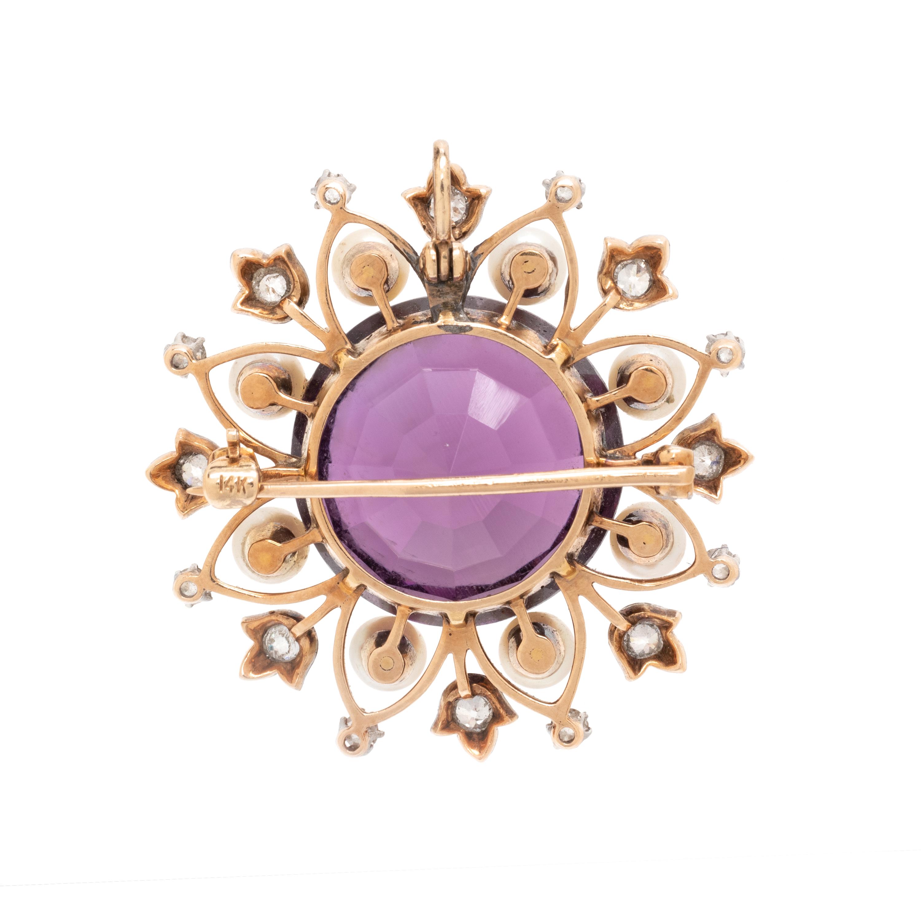 AMETHYST, CULTURED PEARL AND DIAMOND PENDANT/BROOCH