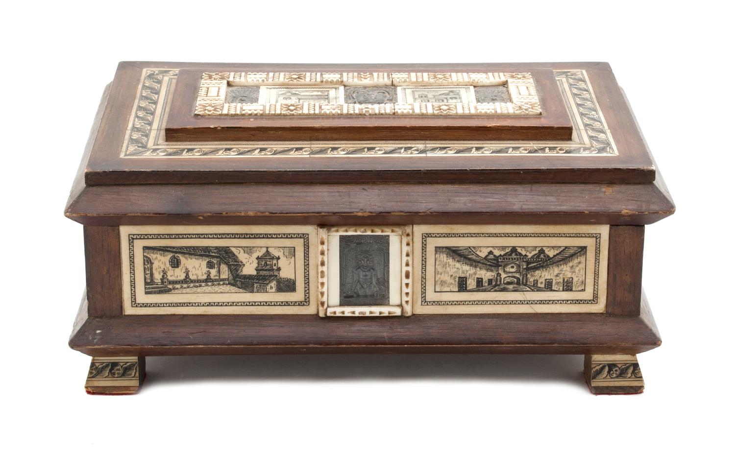 A Bone Inlaid Table Casket Height 6 x width 12 3/4 x depth 8 inches.