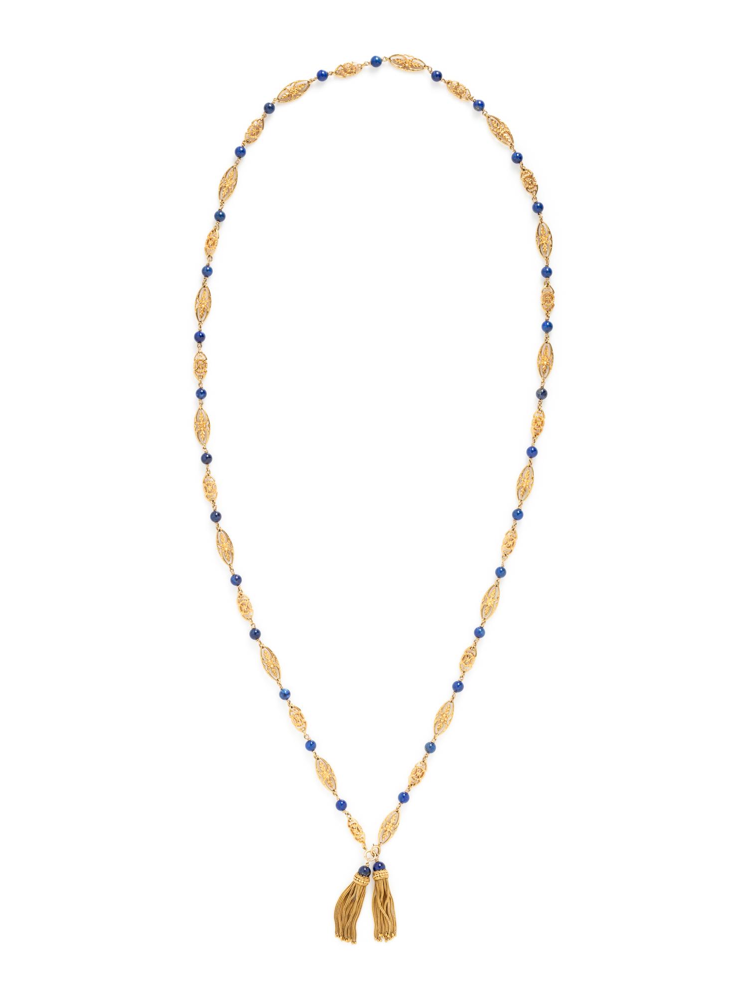 YELLOW GOLD AND LAPIS LAZULI TASSLE LONG CHAIN