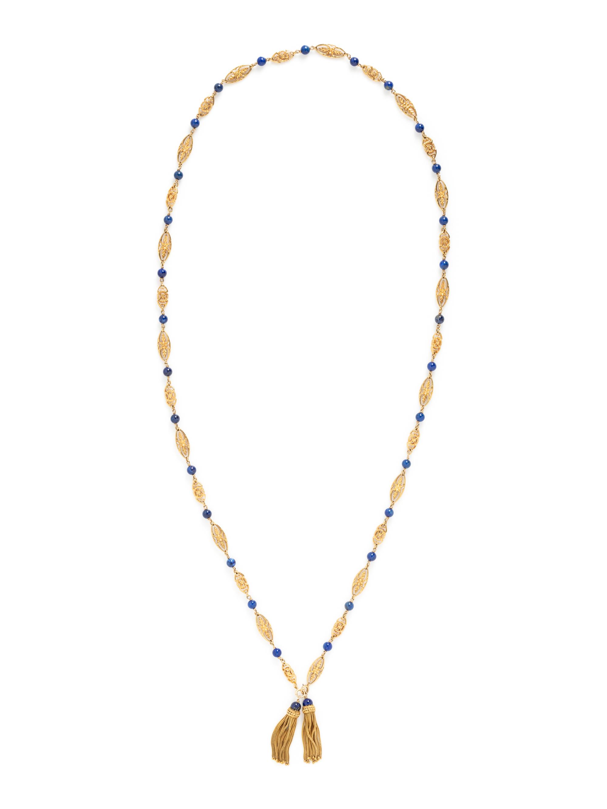 YELLOW GOLD AND LAPIS LAZULI TASSLE LONG CHAIN