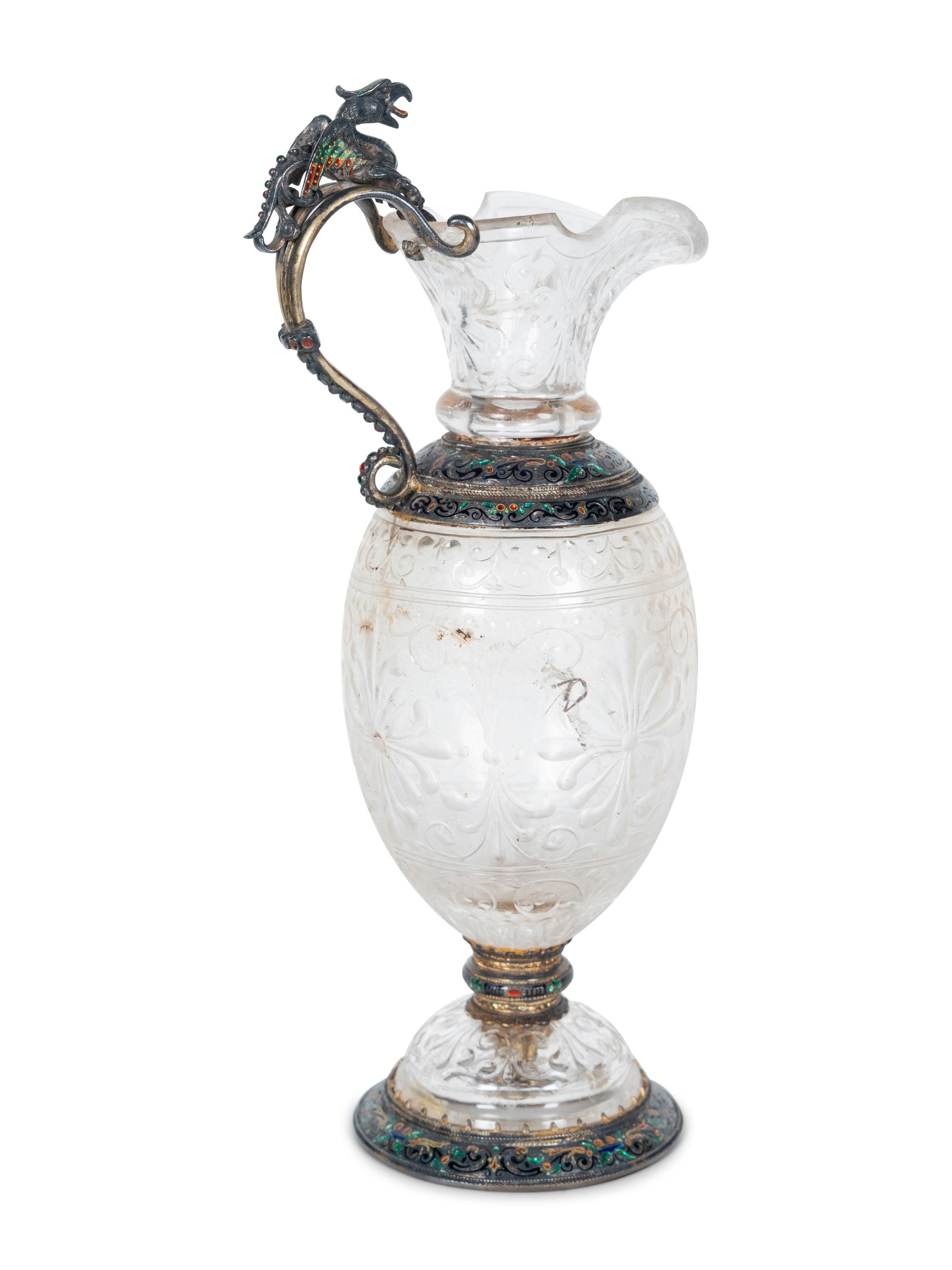 A Viennese Silver, Enamel and Rock Crystal Ewer