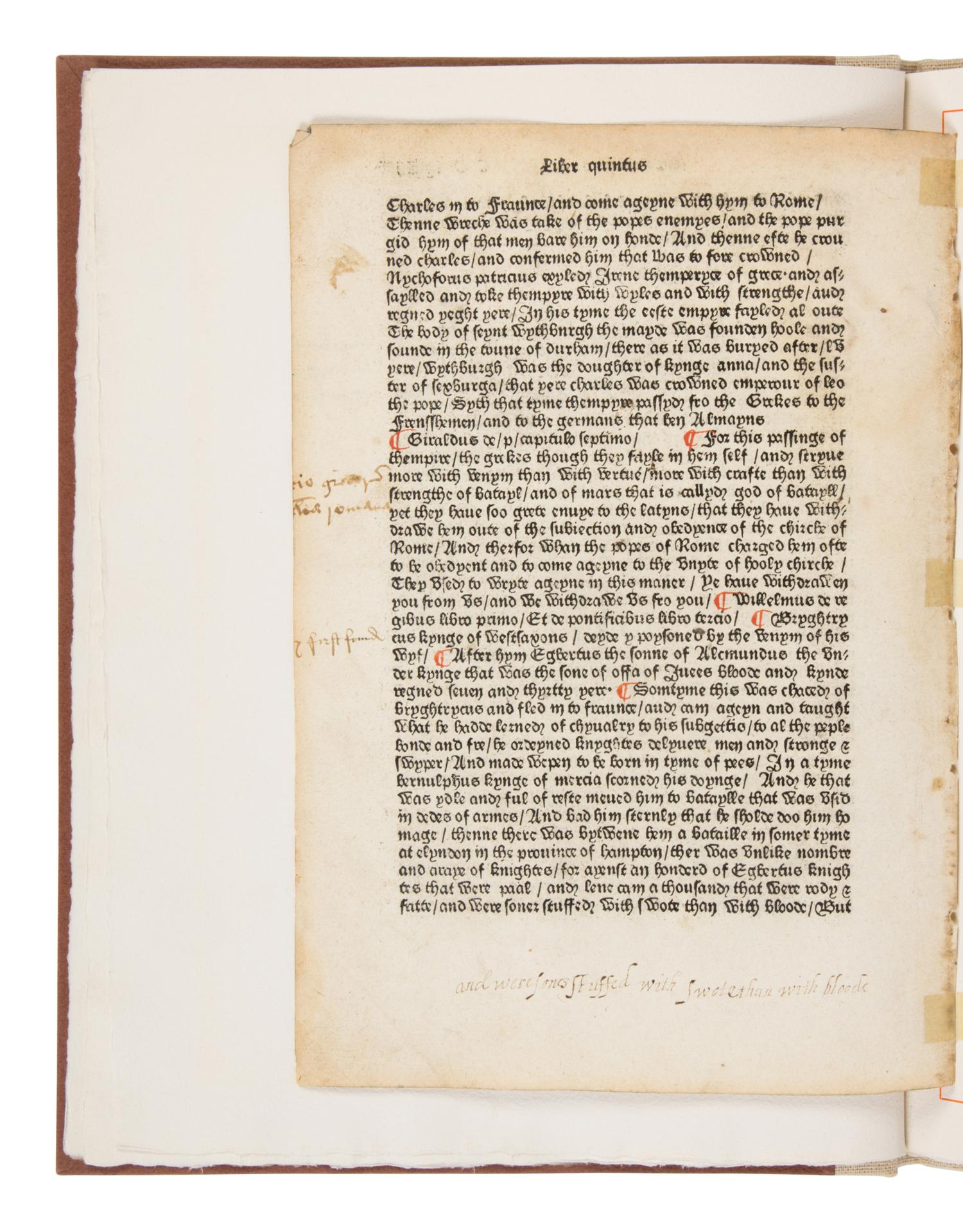 [Book Club of California]. Caxton, William (ca 1422-1491 or 1492). An Original Leaf from the Polycronicon Printed by William Caxton at Westminster in the Year 1482 . San Francisco: The Grabhorn Press for The Book Club of California, 1938.