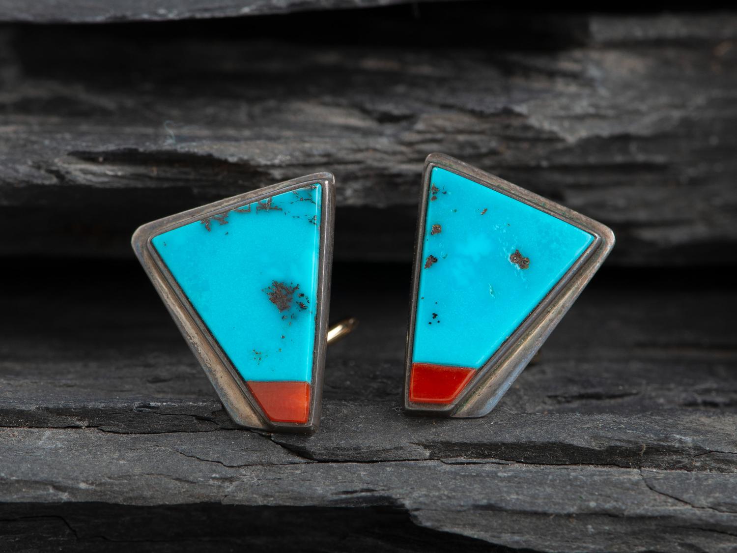 Silver, Turquoise, and Coral Clip Earrings