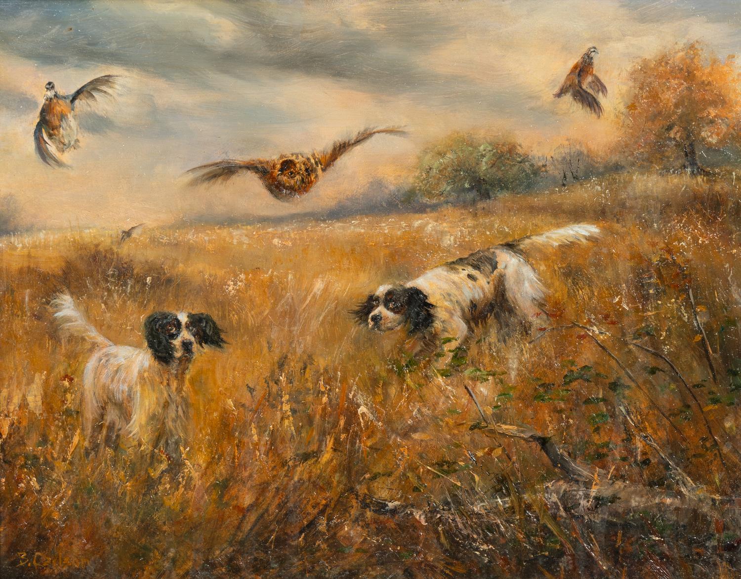 A Dog Chasing a Pheasant and Two Hounds in the Field, with Bob Whites in flight (two works)