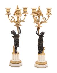 A Pair of Louis XVI Style Parcel Gilt and Bronze Three-Light Figural Candelabra