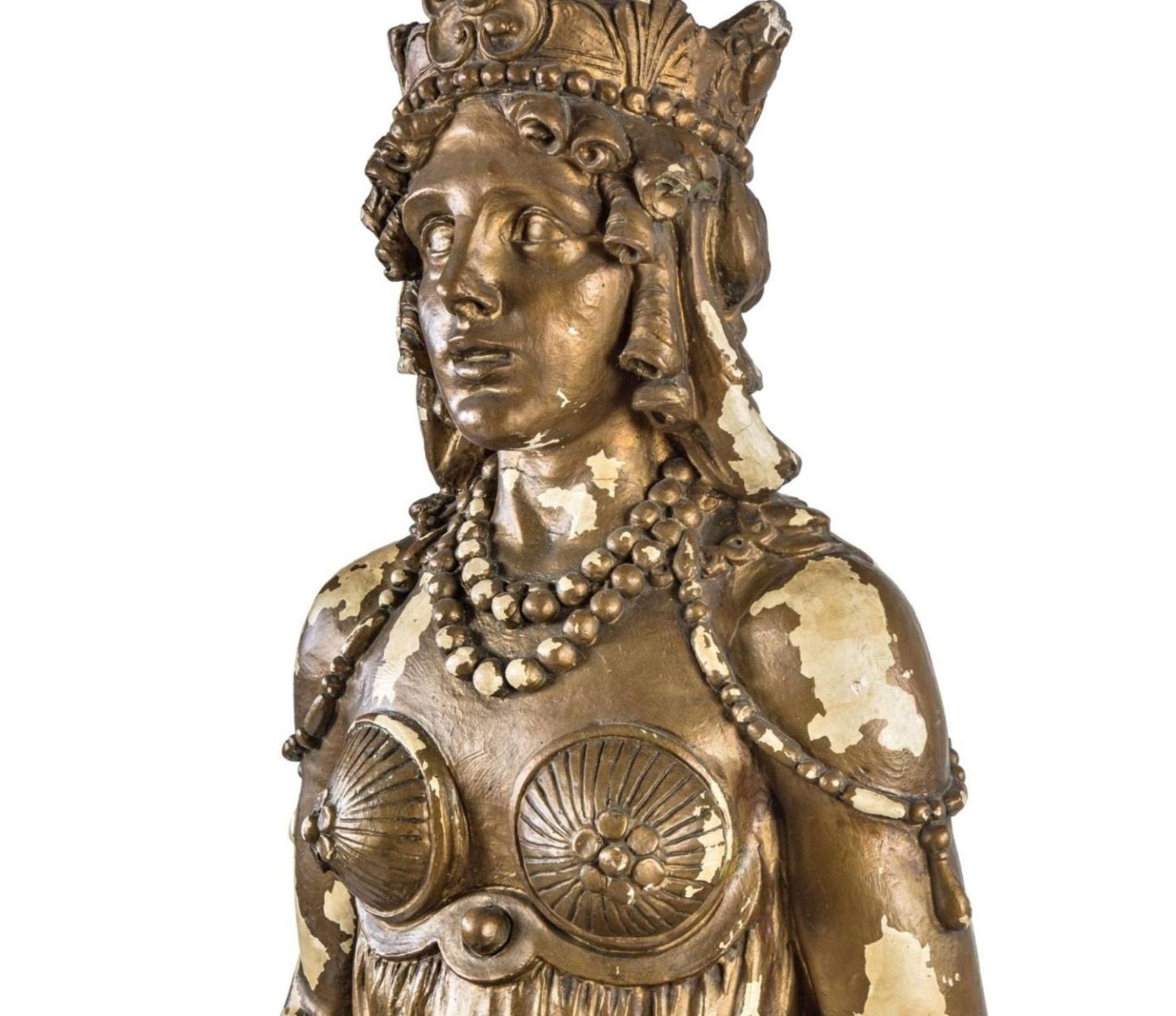 A Full-Sized Cast Plaster Costumed Female Statue with Original Metallic Gold Finish from the Interior of the Historic Granada Theater Auditorium in Chicago, Illinois