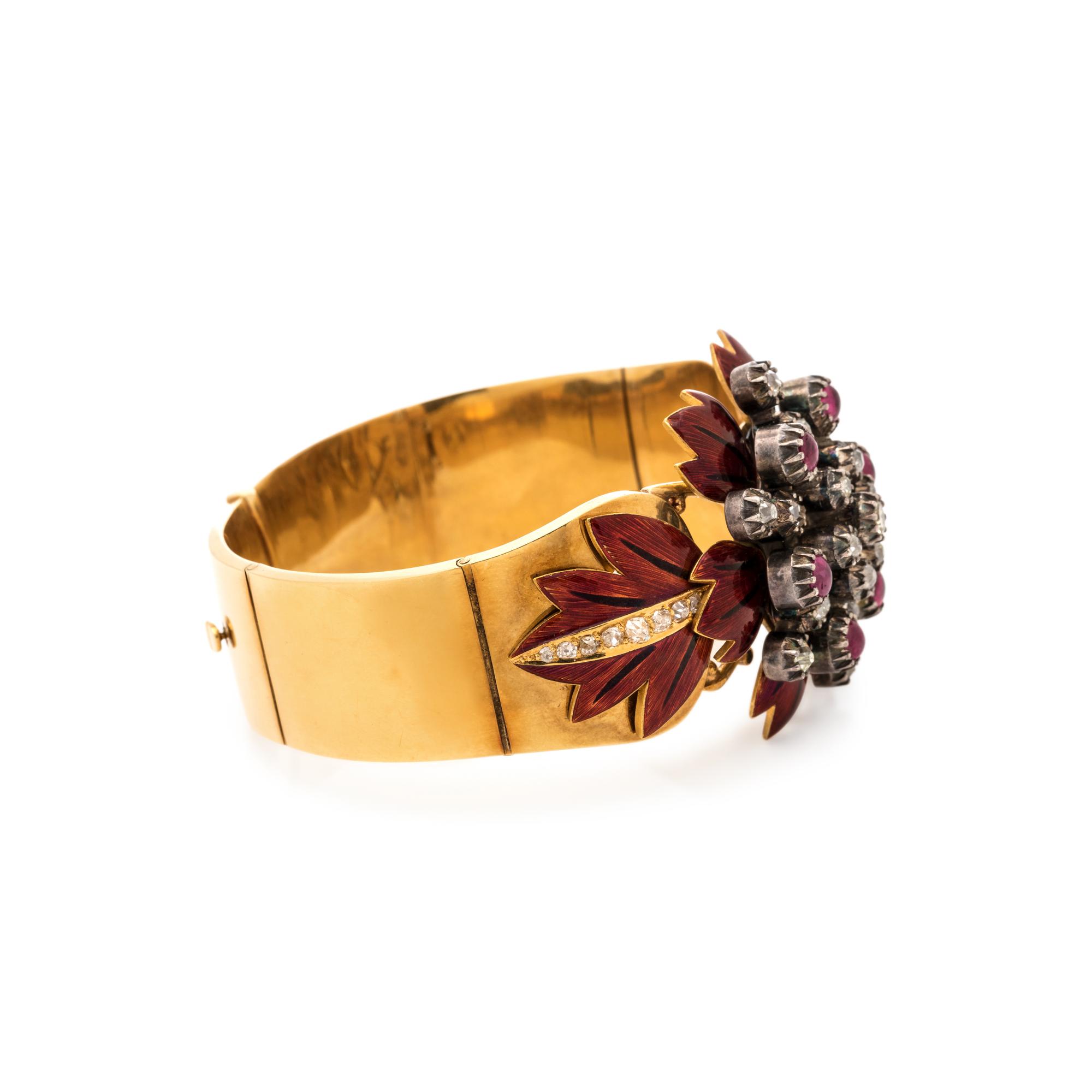 FRENCH, VICTORIAN, DIAMOND, RUBY AND ENAMEL BANGLE BRACELET